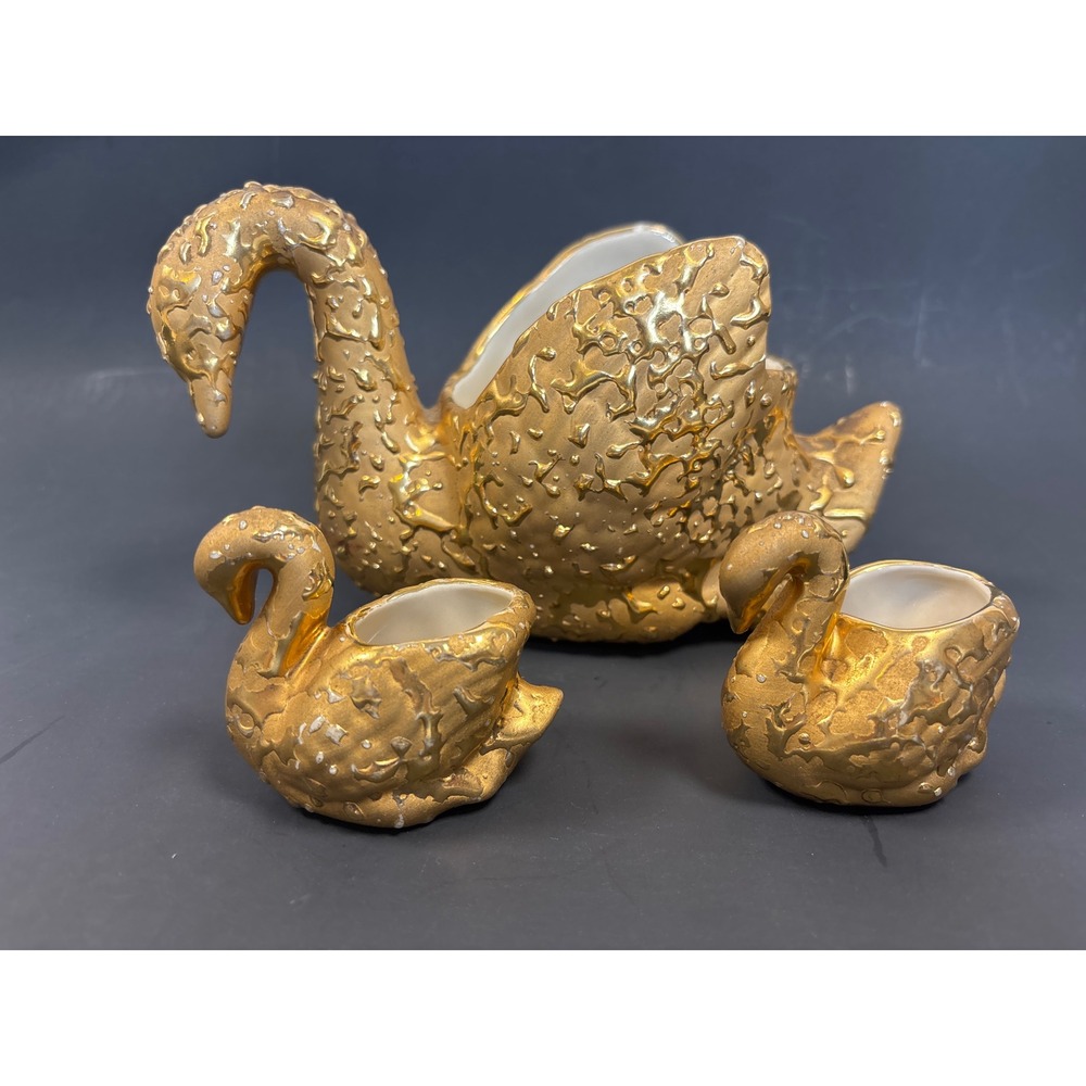 Vintage 22K Weeping Gold Swan Planter Set 3pc Hand Decorated USA Ceramic Decor